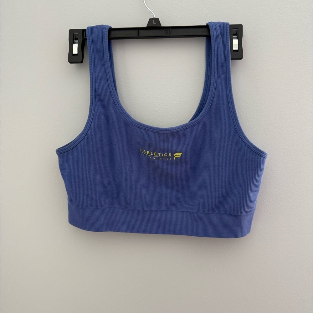 Fabletics, large blue square neck, sports bra, lightly ribbed